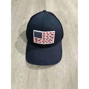Columbia PFG Mesh Flexfit Hat L/XL Fishing USA Flag Navy Blue Cap